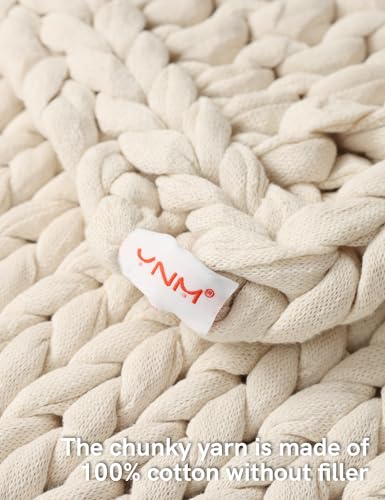YnM Cotton Weighted Blanket, Handmade Chunky Knitted Design, Soft and Cozy, Temperature Regulating and Breathable, Machine Washable Throw for Sleep or Home Decor (Cream White, 60x80 Inch, 25lbs)