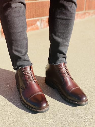 Image of CALTO Men's Invisible Height Increasing Elevator Shoes - Dark Brown Leather Lace-up Cap-toe Boots with Inner Faux Fur - 3.2 Inches Taller - Y41081 - Size 9 D(M) US