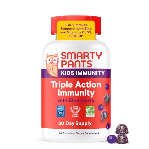 SmartyPants Kids Immunity Elderberry Gummies: Kids Immune Support Supplement, Vitamin C, Vitamin D, Vitamins B6 & B12 and Zinc, Gluten Free, Elderberry Flavor, 60 Count (30 Day Supply)