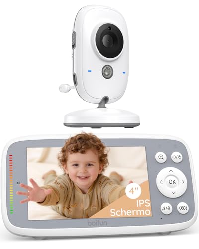 Boifun Baby Monitor Video e Audio, Schermo IPS 4' 720P Protettivo, Visione Notturna, Autonomia 11 ore, Avviso Sonoro, Zoom 3x, Rilevamento Temperatura, Ninna Nanne, Funziona Senza WiFi, Pronto all'Uso