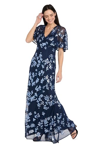 Image of R&M Richards Women's Long Beaded Floral Gown W /Sheer Capelet & Flutter Sleeves - Cocktail Party Evening Style