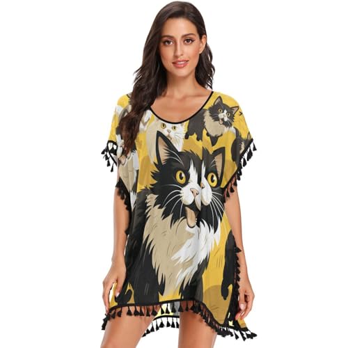 Yellow Black White Cats Women's Beach Cover Up Chiffon Tassel Swimwear Swimsuit Coverups for Girl