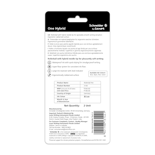 Image of Luxor Schneider, One Hybrid Roller Ball Pen, Pack of 2, 0.3 mm Needle Tip, Ink Colour - Blue, 2500 metres writing length, Cap off Time 2-3 days