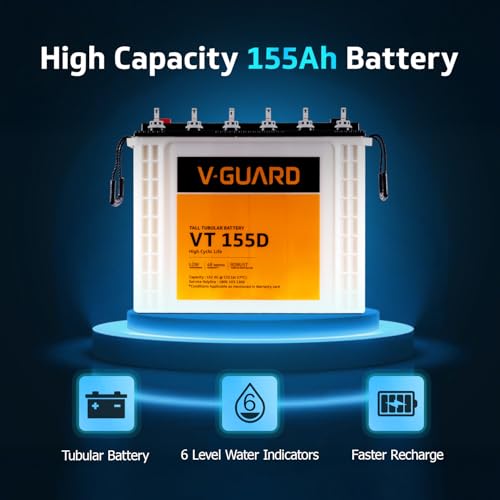 Image of V-Guard VT 155D Tubular Inverter Battery | 150Ah Capacity | Tubular Plate Technology | Low Maintenance | 12V Backup for Home Inverters | 2+2 Years Warranty