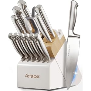 Knife Set,Astercook Kitchen Knife Set with Block 14-Piece Full Tang Stainless Steel Knives with Sharpener Dishwasher Safe and Anti-Slip Ergonomic Handle Premium Silver Utensils Set