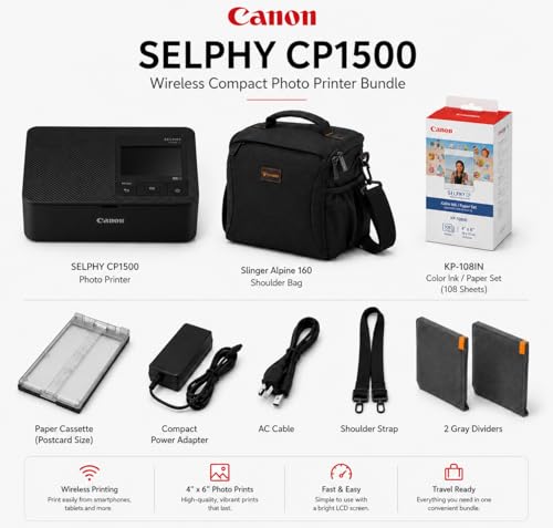 Image of Canon SELPHY CP1500 Wireless Compact Photo Printer White Bundle with KP-108IN Color Ink & Paper Set, Slinger Alpine 160 Shoulder Bag, Power Adapter, Paper Cassette and AC Cable (Black)