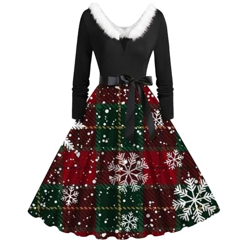 ZLLFHS Party Dresses for Women UK Long Sleeve V Neck Fancy Dress Christmas Tree Santa Snow Printed Evening Prom Xmas Party Dress Cosplay Outfits Ugly Dress Outfits