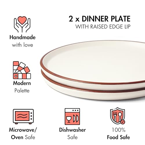 Image of Ceramic Dinner Plates, 2 Pcs | Rim Plate for Easy Eating | Microwave, Oven, Dishwasher Safe | Set of 2 Ceramic Plates for Dinner | Handmade | (Vanilla Biscuit, Dinner Plate)