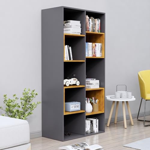 Image of Bniture 10 Tier Engineered Wood Open Book Shelf Wooden Bookshelf for Home, Kids Room & Study Room | Multipurpose Free Stand Corner Book Organizer for Library Room, Office | Slate Grey & Giant Wood