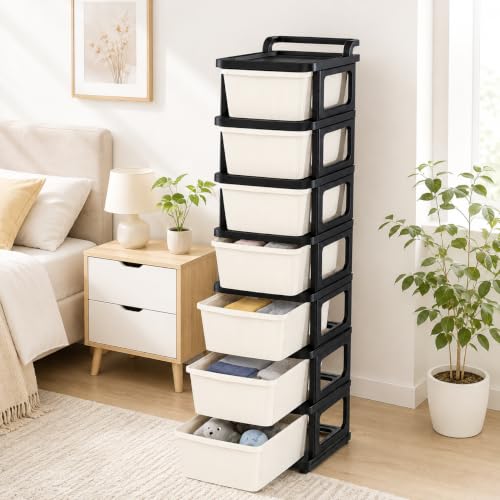 Image of Heavy Duty Plastic Storage Drawer with Wheels | Modular Cabinet for Bedroom, Office, Home or Classroom| Chest of Drawers Organiser for Cosmetics, Kitchen items, Toys (White & black, 7)