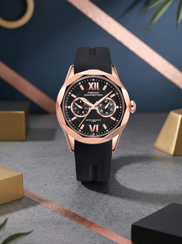 Image of French Connection Octyra | Multi-Function | Rose Gold Case | Black Silicone Strap | Watch for Women - FCD6B