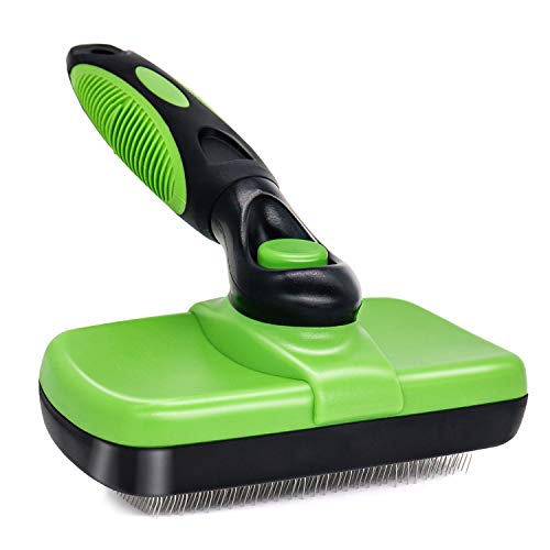 ペット スリッカーブラシ 毛取り ワンプッシュで抜け毛除去 猫 犬用ブラシ 美容 静電防止 セルフクリーニング ブラシ 大·中·小型犬対応 長毛·中毛対応 (グリーン)
