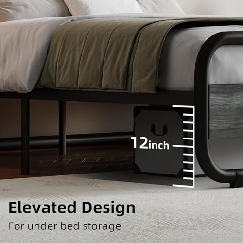 Image of King Size Bed Frame, Wood Headboard and Footboard, LED Lights, Grey | Metal Platform with Heavy Duty Metal Slats Support /12 in Under-Bed Storage /Noise-Free /No Box Spring Needed /Easy Assembly
