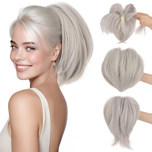SEGO Claw Clip Short Ponytail Hair Extension 8 Inch With 4 Bendable Metals Messy Bun Hair piece for Women Fake Hair Bun DIY Styles -#88A Grey