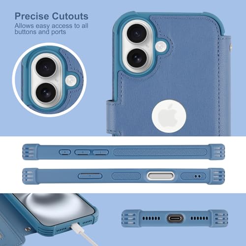 VANAVAGY Compatible for iPhone 16 Plus Wallet Case,RFID Flip Leather Cover with Wrist Supports Wireless Charging with Card Holder,[Glass Screen Protector & Camera],Blue by VANAVAGY - Image 7