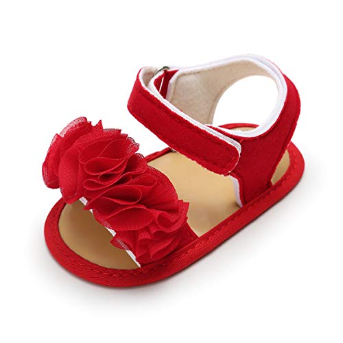 SOFMUO Infant Baby Girls Sandals with Flower Soft Sole Newborn Summer Crib Shoe Toddler First Walker Princess Dress Shoes (Red,6-12 Months)