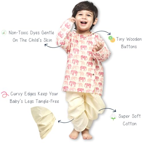 Image of POLKA TOTS Premium Cotton Dhoti Kurta Set for Kids Boys | Traditional Angrakha Style Ethnic Wear for Boys | Kurta Dhoti Set for Kids | Festive & Wedding Clothing Set for Baby