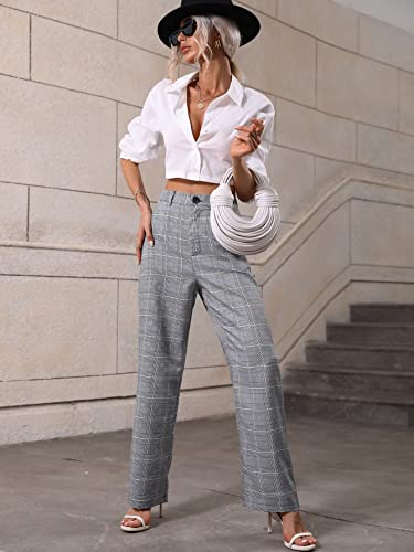 SweatyRocks Women's Plaid Print Dress Pants High Waisted Wide Leg Suit Pants with Pocket3