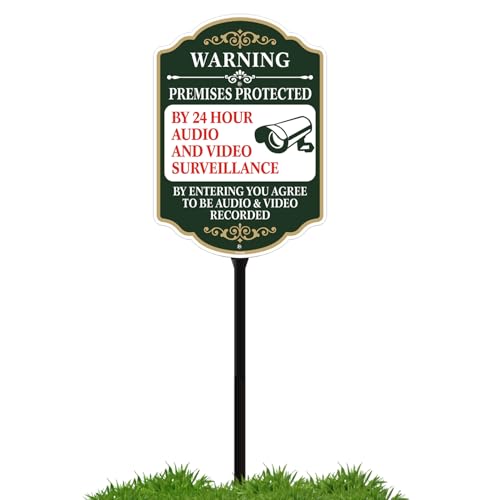 Phyabe Premises Protected by 24 Hour Audio and Video Surveillance Sign with Stake Aluminum Metal Surveillance Sign With 35 Total Length Durble Stake Heavy Duty Weather Resistance