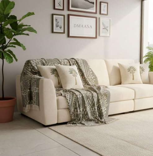 Image of Premium Palm Tree Cotton Jute Square 16x16 Inch Cushion Cover 40x40 cm Throw Pillow Covers for Living Room Couch Diwan Sofa, Beige (Set of 2)