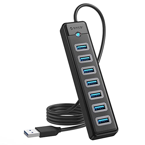 ORICO Hub USB 3.0, 7 Port Hubs USB avec Port d'alimentation 5V / 3A, 5Gbps Ultra Fin Data HUB USB Adaptateur pour PC Portable, MacBook Pro/Mini, Surface Pro, Mobile HDD et Plus (Câble USB 100 cm)