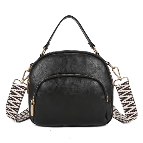 HTU Bolso de hombro casual de cuero de PU para mujer, color sólido, multicapa, cierre de cremallera, bolso cruzado retro, bolsos de viaje, trabajo, compras (negro)