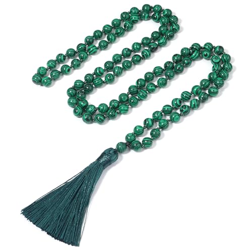 BALIBALI 8MM Beads Chakra Long Mala Necklace Natural Stone Meditation Statement Necklace Japa Yoga Buddhist Rosary Prayer Charm Beaded Tassel Necklace（Green Peafowl）