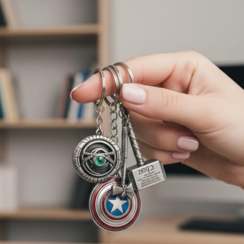 Image of MARVEL THOR Metallic SILVER Hammer,Stormbreaker /Axe & DR STRANGE,CAPTAIN AMERICA SHIELD Spinning KEYCHAIN,Heavy Quality Metal,Combo Pack for Kids Men Women Car Bike Home