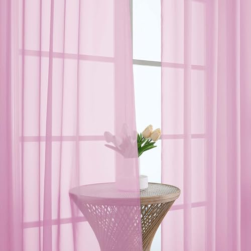 Image of OWENIE Extra Long Pink Sheer Curtains 96 Inches Long 2 Panels Set, Soft Lightweight Airy Voile Sheer Curtain for Bedroom Living Room, Rod Pocket Solid Color Farmhouse Curtains, 59 inch Wx96 L Inch
