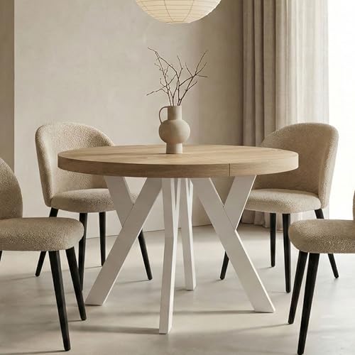 Dekori Möbel Table ronde extensible pour salle à manger avec pieds en bois, Pero, style Loft, scandinave, Diamètres disponibles : de 90 à 220 cm (chêne...