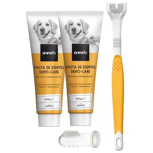 Cepillo y Pasta de Dientes para Perros - Kit de Higiene Bucal con 2 Unidades de 100mg de Dentífrico Canino, Cepillo Dental Triple Cabezal y de Dedo, para Eliminar Sarro y Mal Aliento, Sabor Menta