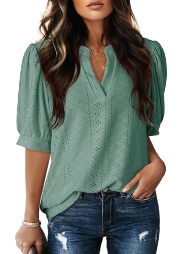 Image of Dokotoo Womens Blouses V Neck Puff Short Sleeve Business Casual Tops