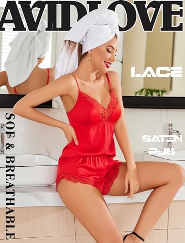 Avidlove Satin Pajamas Women\'s Cami Sleepwear Soft Silk Loungewear Pjs Shorts Set Red Medium - Thumbnail 3