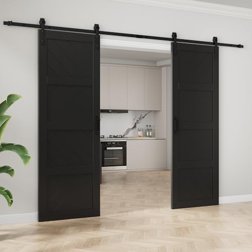 Image of 60 inchx84 inch Black Waved Barn Door with 12 FT Track Kit & Handle & Floor Guide | Pre-Drill Holes Double Barn Door For Easy Assembly, Solid Core Wood Sliding Barn Door for Water-Resistant & Sound Reduction
