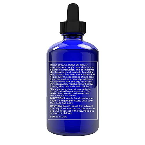 Radha Beauty Usda Certified Organic Jojoba Oil, 4 Fl Oz. - 100% Pure Unrefined Cold Pressed Jojoba - Great Carrier Oil For Moisturizing Hair, Skin, & Nails #TOP2