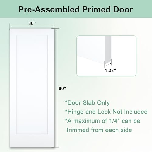 Image of JUBEST 30 inchx80 inch 1-Panel Shaker Style White Primed Hollow Core Interior Molded Door Slab, NOT Pre-drilled and NOT Included Hardware, Pre-Assembled Interior Door for Pantry, Laundry, Closet