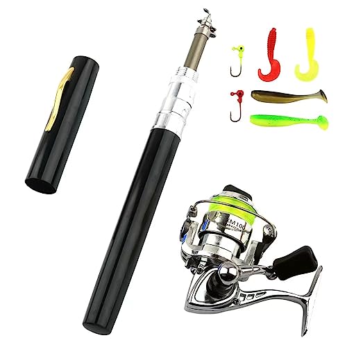 Pen Fishing Rod Reel Combo Set 5in1 Mini Pocket Portable Collapsible Fishing Pole Kit with Spinning Reel Aluminum Alloy (Black)