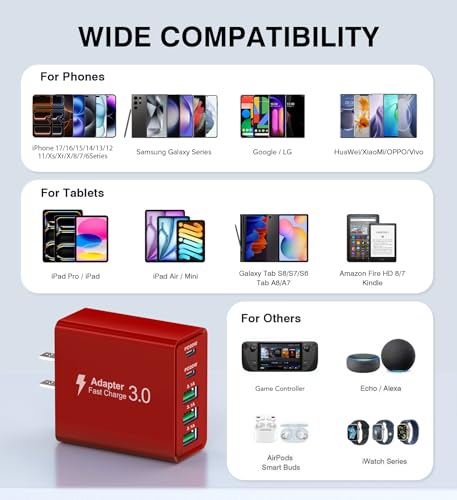 Image of USB C Wall Charger Block, 2Pack 50W USB C Charger 5-Port PD Fast Charging Blocks,QC 3.0 USB A Multiport Plug,Type C Power Adapter Brick Cube for iPhone 17 /16 /15 /14 /13 /Pro,Samsung,for Switch /Pixel(Red)