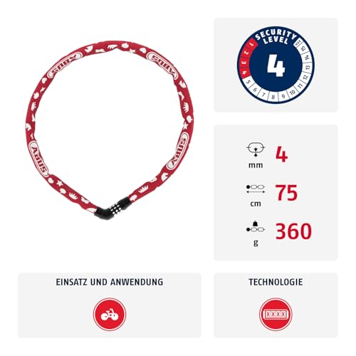 ABUS Kettenschloss Steel-O-Chain 4804C Symbols – Zahlenschloss für Kinderfahrräder – ABUS-Sicherheitslevel 3 – 75 cm – Rot – Ansicht 3