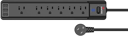 Smartbitt Regleta protectora contra sobretensiones, 6 tomas de corriente y 3 puertos USB-A, color negro, cable de extensión de alimentación con