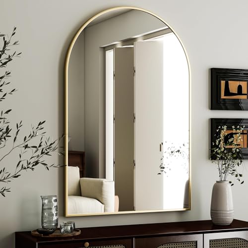 Image of HARRITPURE Arched Wall Mirror - 24 inchx36 inch Arch Bathroom Mirror, Gold Metal Frame Vanity Mirrors for Bedroom, Entryway, Living Room Home Decor