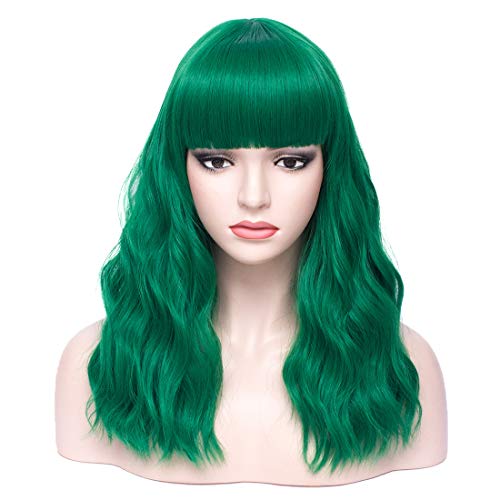 BERON Women's Long Wavy Curly Green Wig with Bangs for Cosplay Party Halloween Costume Wig (Dark Green)