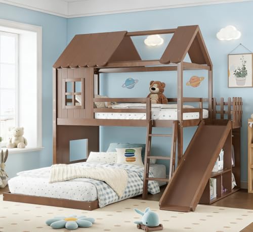 Image of Bellemave Bunk beds Twin Over Full with Slide,Ladders,Bookshelf and Wardrobe House roof Design, Low bunk /loft Bed for Kids, Deep Natural