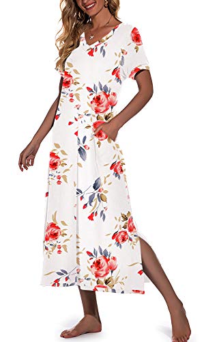 PrinStory Womens Long Nightgown Short Sleeve Nightshirt V-Neck Soft Loungewear Casual Sleepwear With Pockets FP-White-Medium