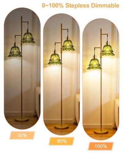 Image of Lightdot 65IN Gold Flower Floor Lamp for Living Room, 2- Light Dimmable Floor Lamps with Green Glass Lampshade, 3000K Warm White Modern Standing Tall Lamp with 5Lbs Heavy Base for Bedroom Sofa Beside