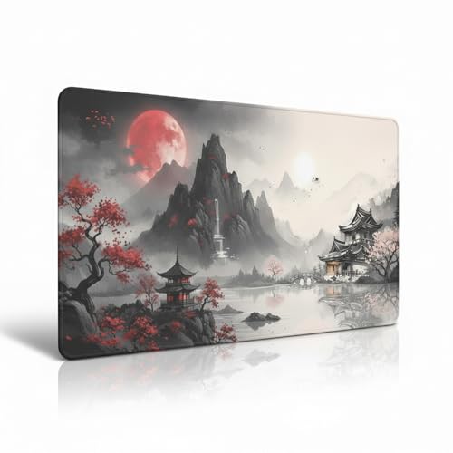 Large Japanese Desk Mat Mouse Pad, XL Extended Mouse Pad with Black Red, Waterproof Gaming Desk Pad with Non-Slip Rubber Base, Desk Protector for Keyboard and Mouse for Home Office, 31.5” x 15.7”