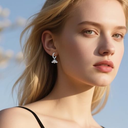 Reffeer Solid 925 Sterling Silver Bee Dangle Earrings for Women Teens Cute Bee Drop Earrings Hoop Dangle Earrings3