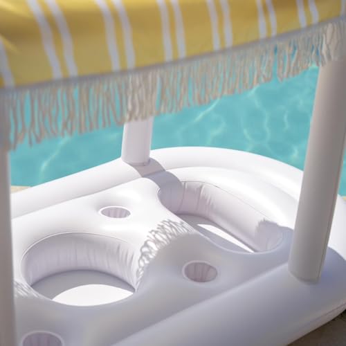 Flamingueo Flotador Bebidas Piscina - Colchoneta Piscina - 4 Posavasos - Tres Compartimentos - con Toldo - Amarillo - 170 x 84 x 92 cm
