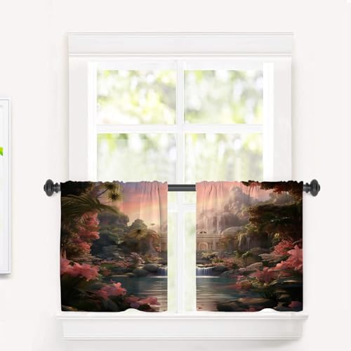 BaoNews Tropical Paradise Ancient Architecture Waterfall Kitchen Tier Curtains Windows, Serene Tropical Haven Blackout Valances Multilayer Polyester Window Treatments Kitchen 2 Pack 26X24 Inches