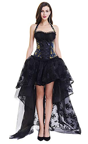 Kimring Women's Steampunk Halter Jacquard Floral Bustier Waist Corset and Organza High Low Skirt Set Blue/Black Large